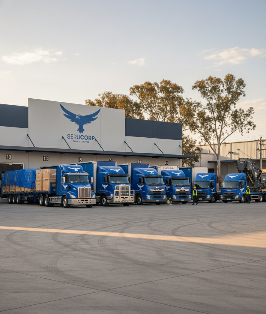 Serucorp fleet of trucks at warehouse facility